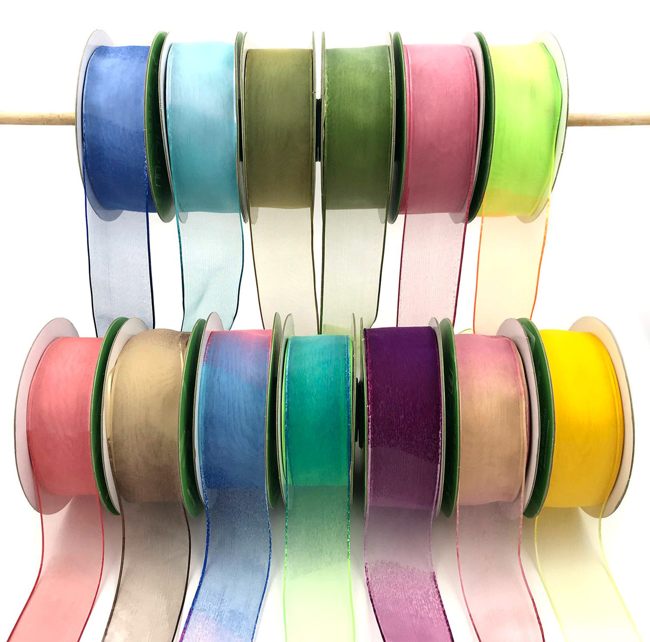 1.5 Inch Soft Variegated (multi-color) Sheer Ribbon with Thin Solid Edge – SNV-15-46 Neon Green/Neon Blue