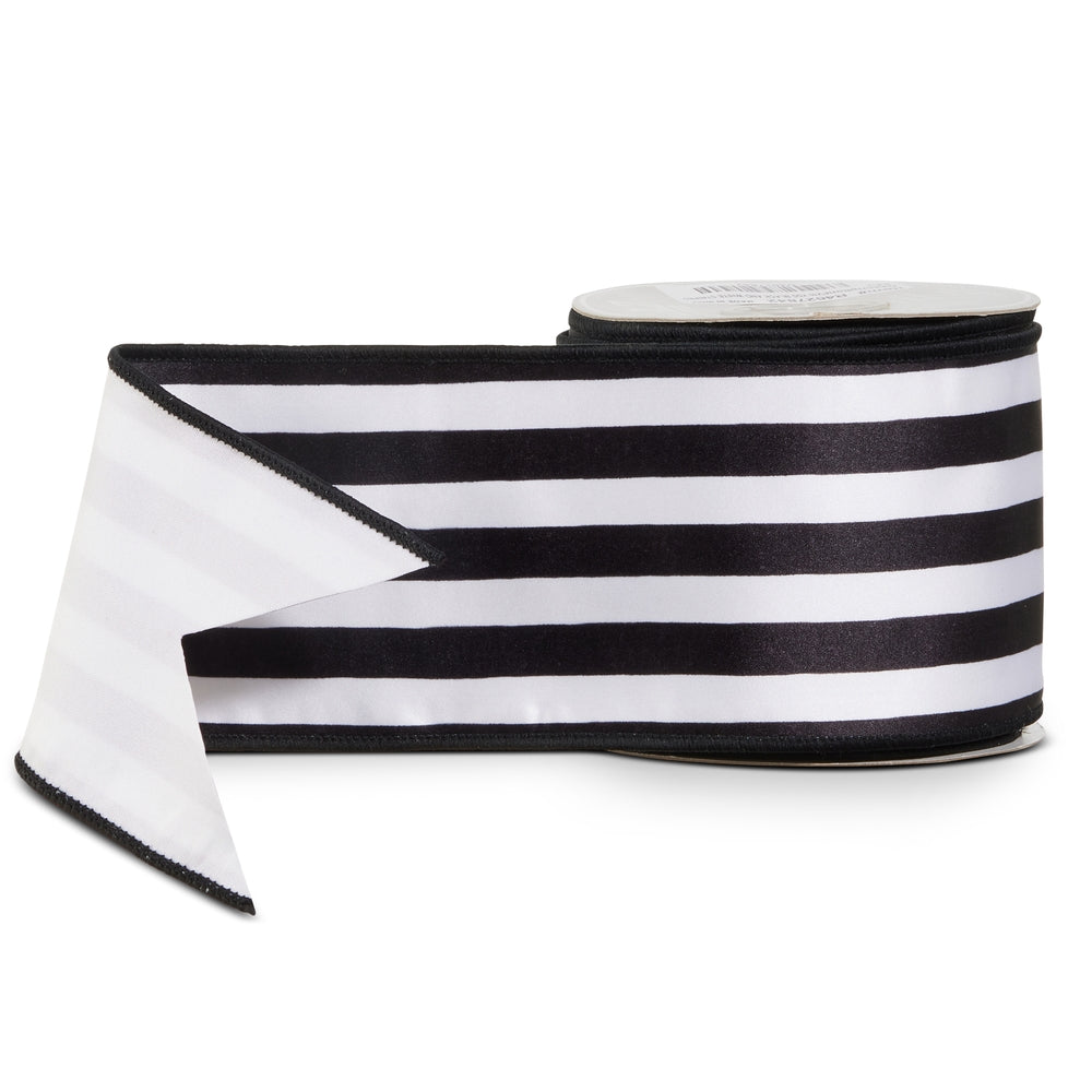 4" X 10 Yds Black and White Striped Satin Wired Ribbon