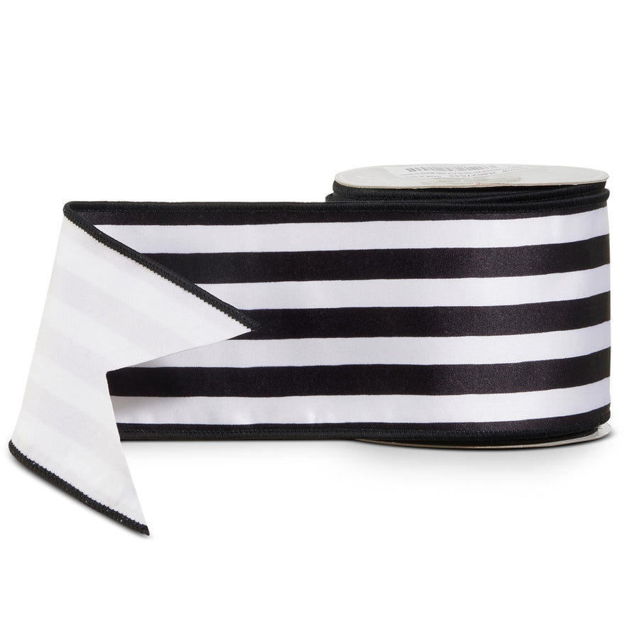 4" X 10 Yds Black And White Striped Satin Wired Ribbon