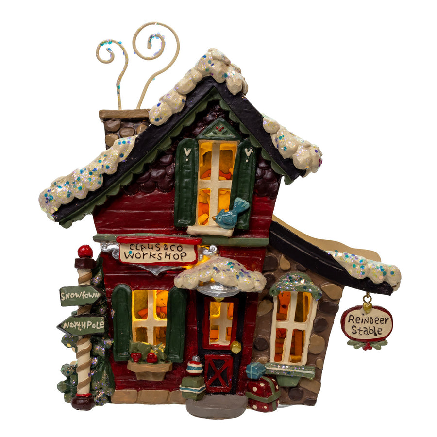 10.5" Light Up Snow Town Santa Workshop Table Piece