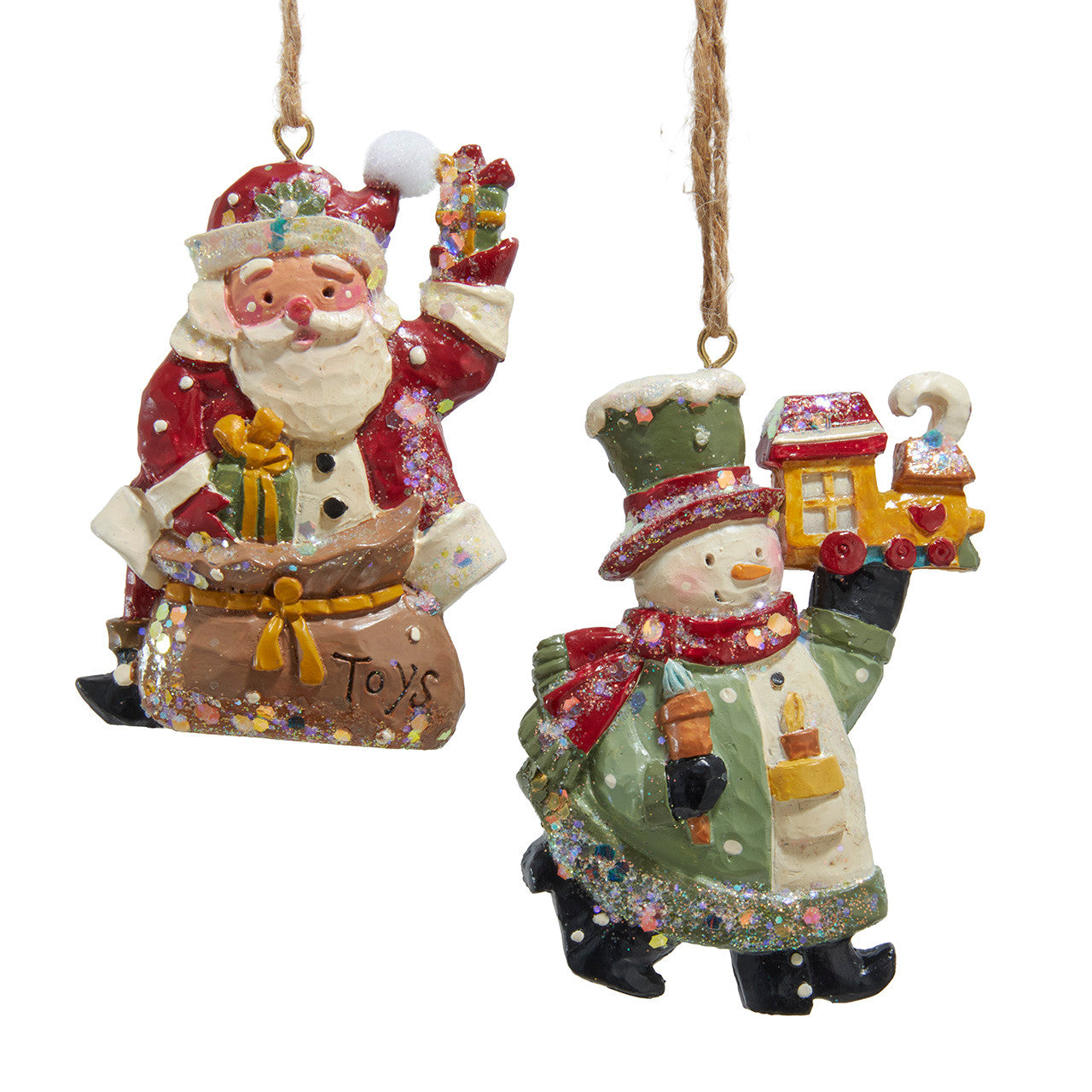 Santa With Gift & Snowman Holding Train Ornaments