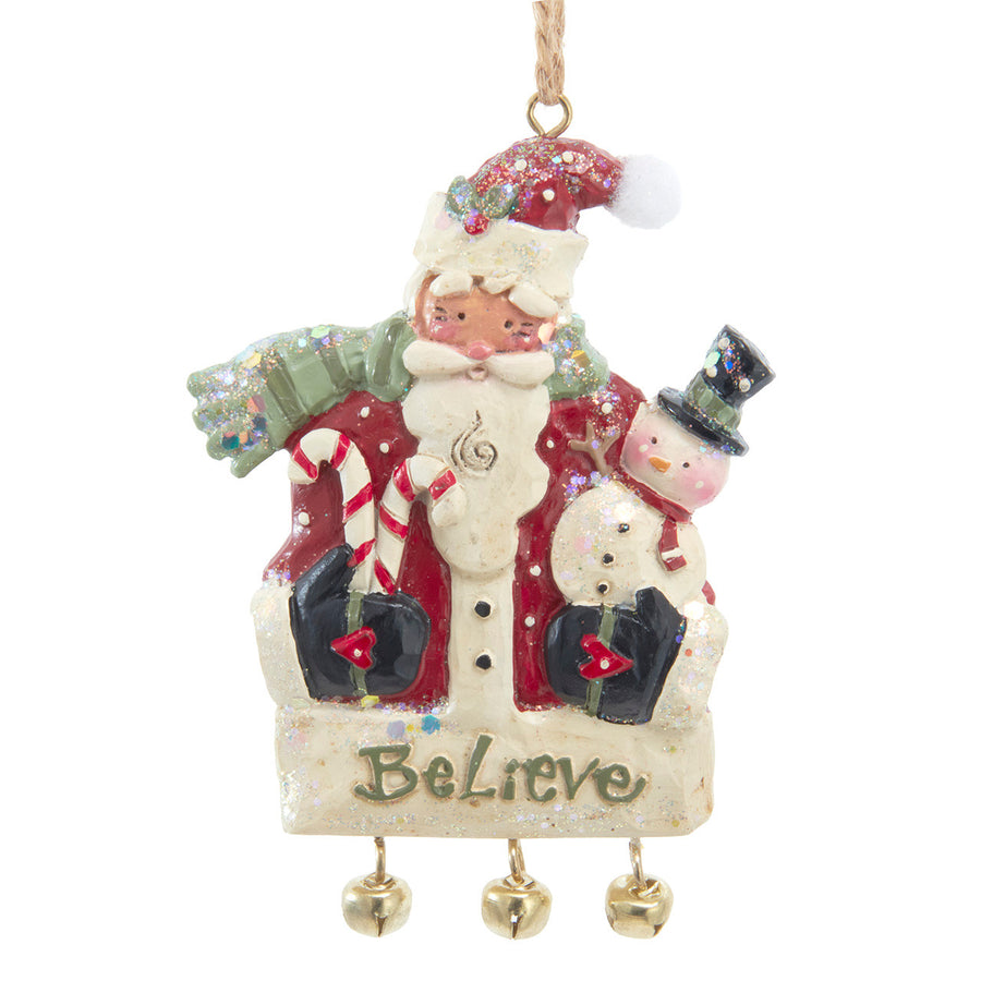 Santa Holding Snowman & Candy Cane "Believe" Ornament