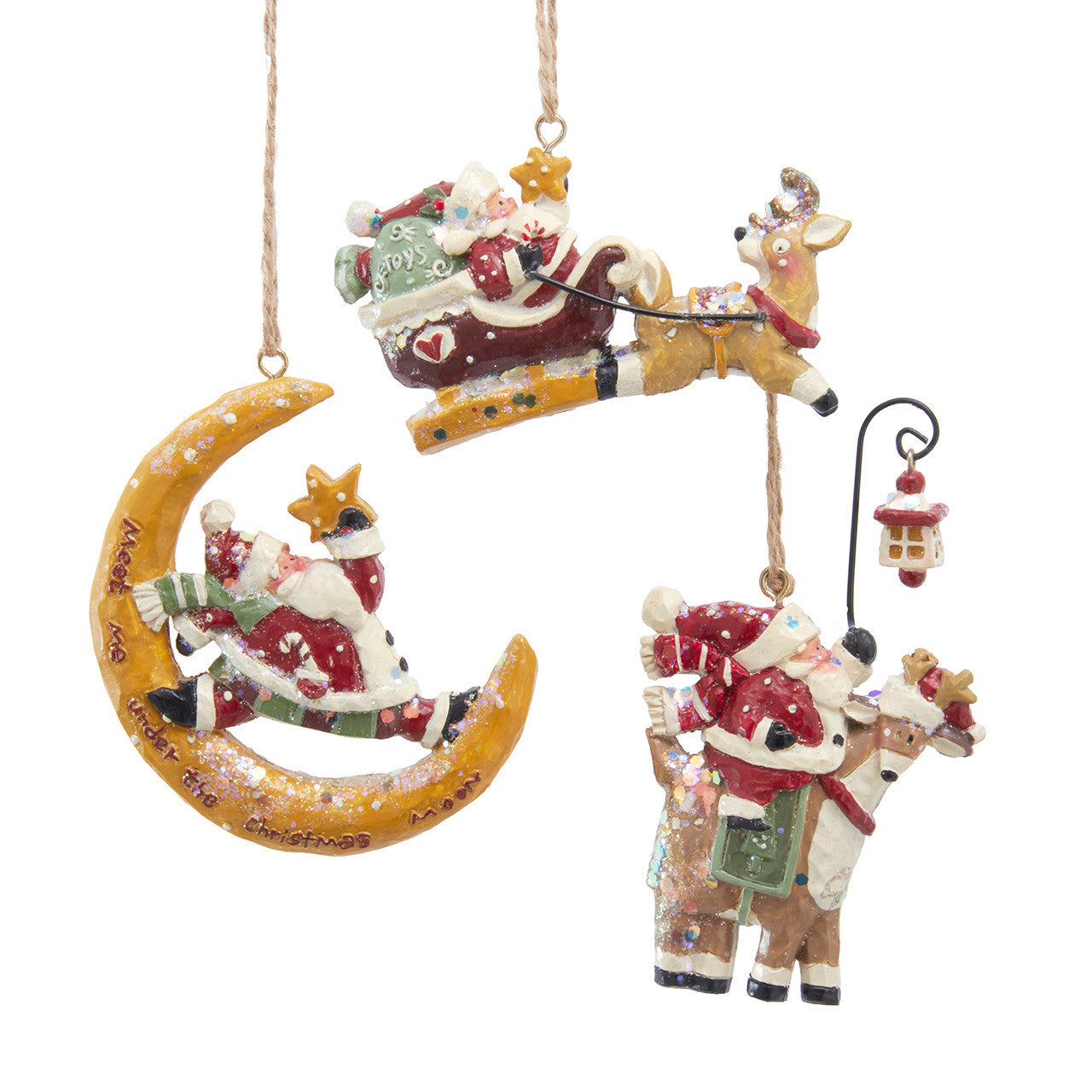 Santa On Reindeer, Moon & Sled Ornaments