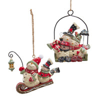 Snowman Couple On Sled and Swing Ornaments