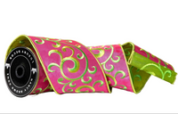 Pre-Order 2026- Pink & Green Filigree Double-Faced Wired Ribbon 4
