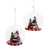 Glass Candy Cane Santa & Snowman With Tree Inside View Ornaments