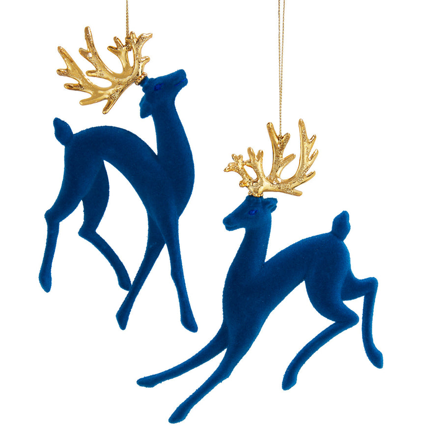 Flocked Blue & Gold Deer Ornaments