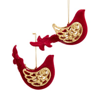 Flocked Glittered Ruby Pomegranate Bird Ornaments