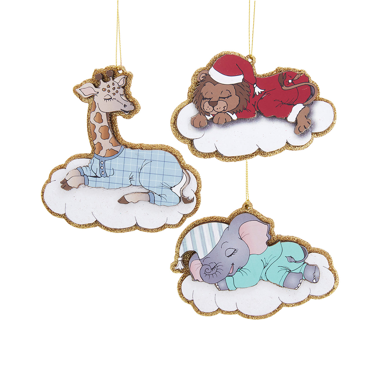 Sleeping Animals In Pajamas On Cloud Ornaments