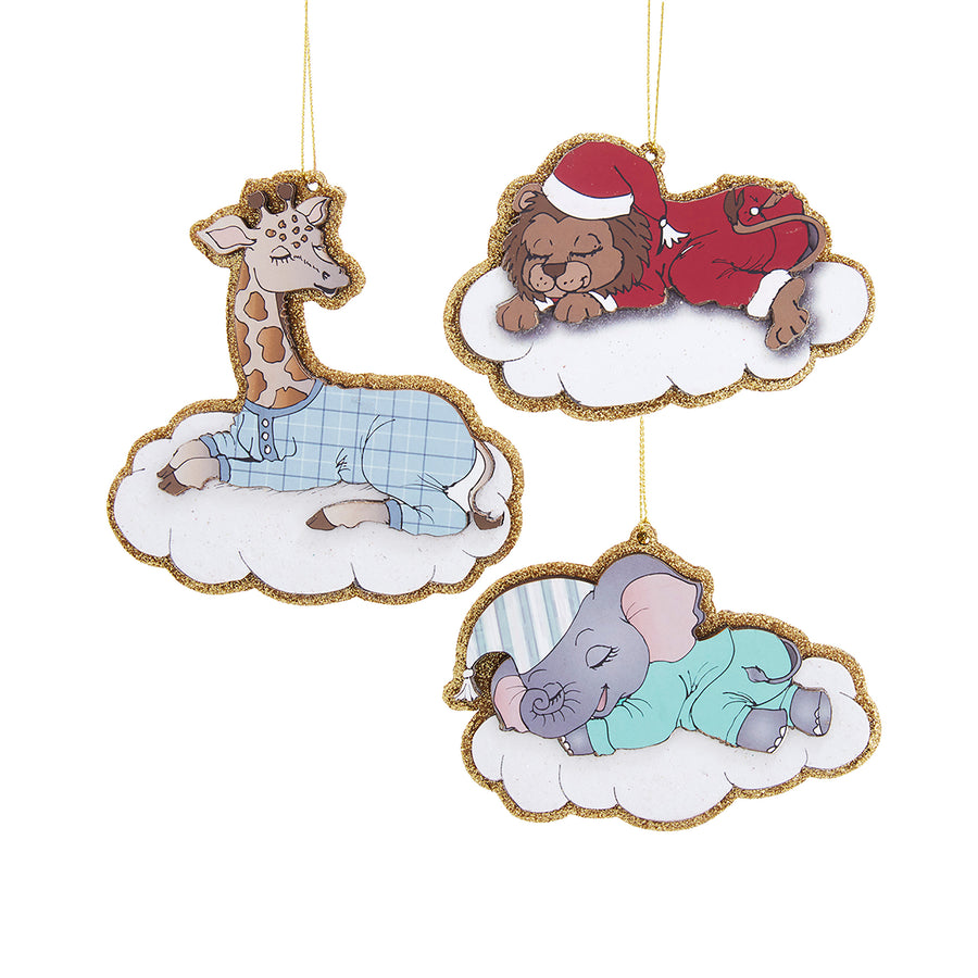Sleeping Animals In Pajamas On Cloud Ornaments