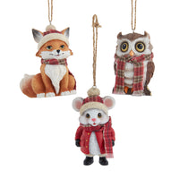 Owl, Fox & Mouse With Plaid Scarf Ornaments