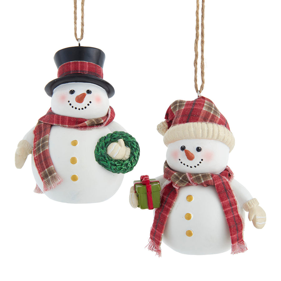 Snowman With Plaid Hat & Scarf Ornaments