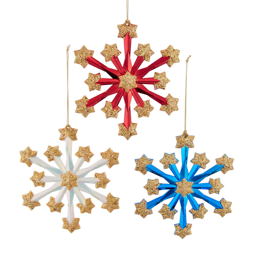 Red, White & Blue With Gold Glitter Fireworks Snowflake Ornaments
