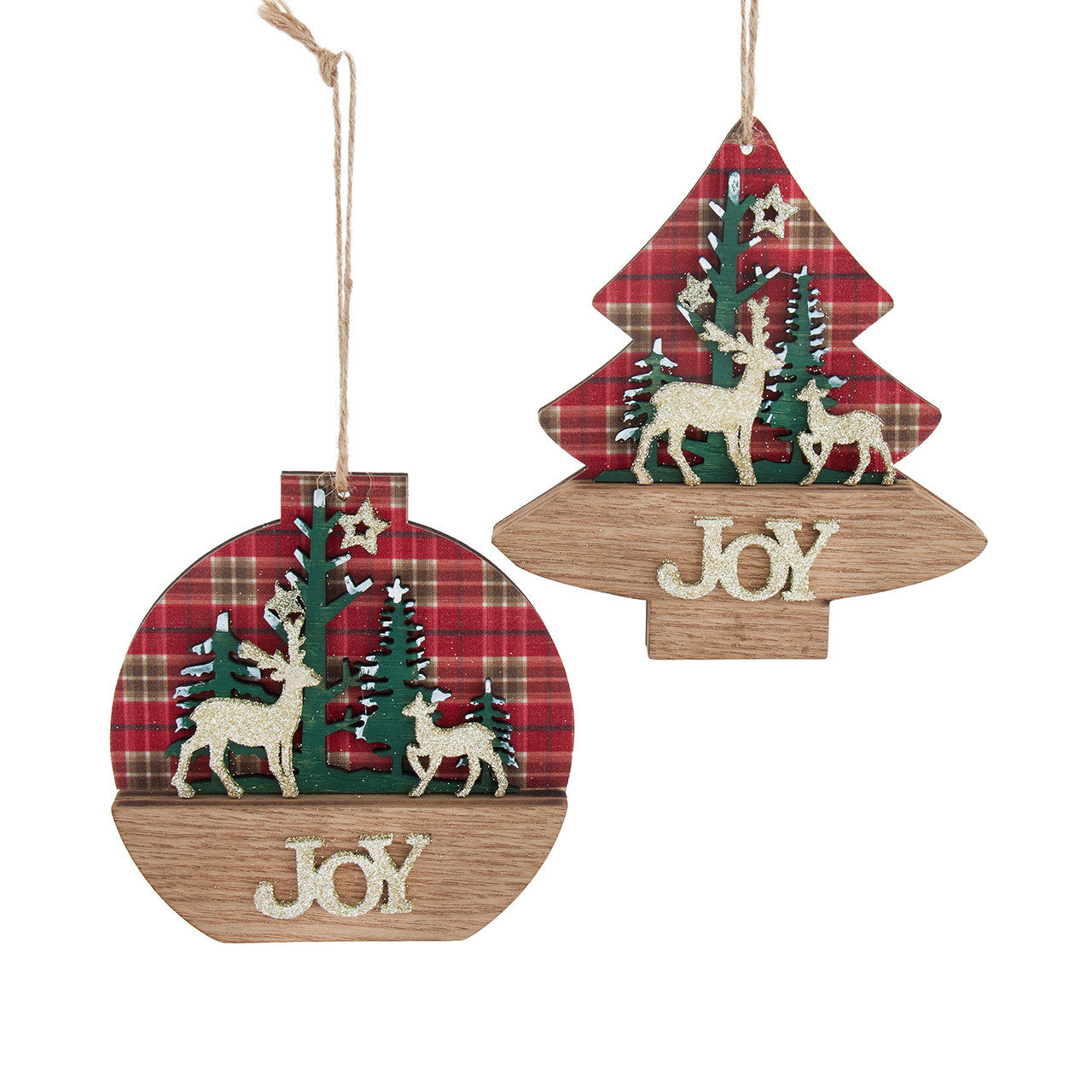 Plaid "Joy" Plaque With Deer & Tree Ornaments