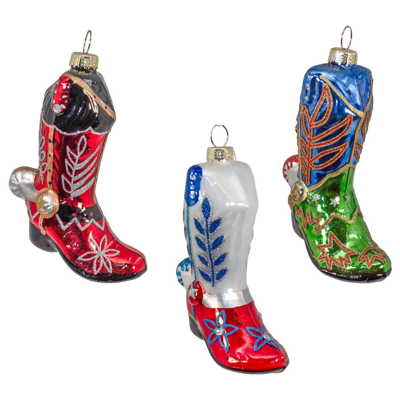 Glass Silver, Red & Blue Cowboy Boots Ornaments
