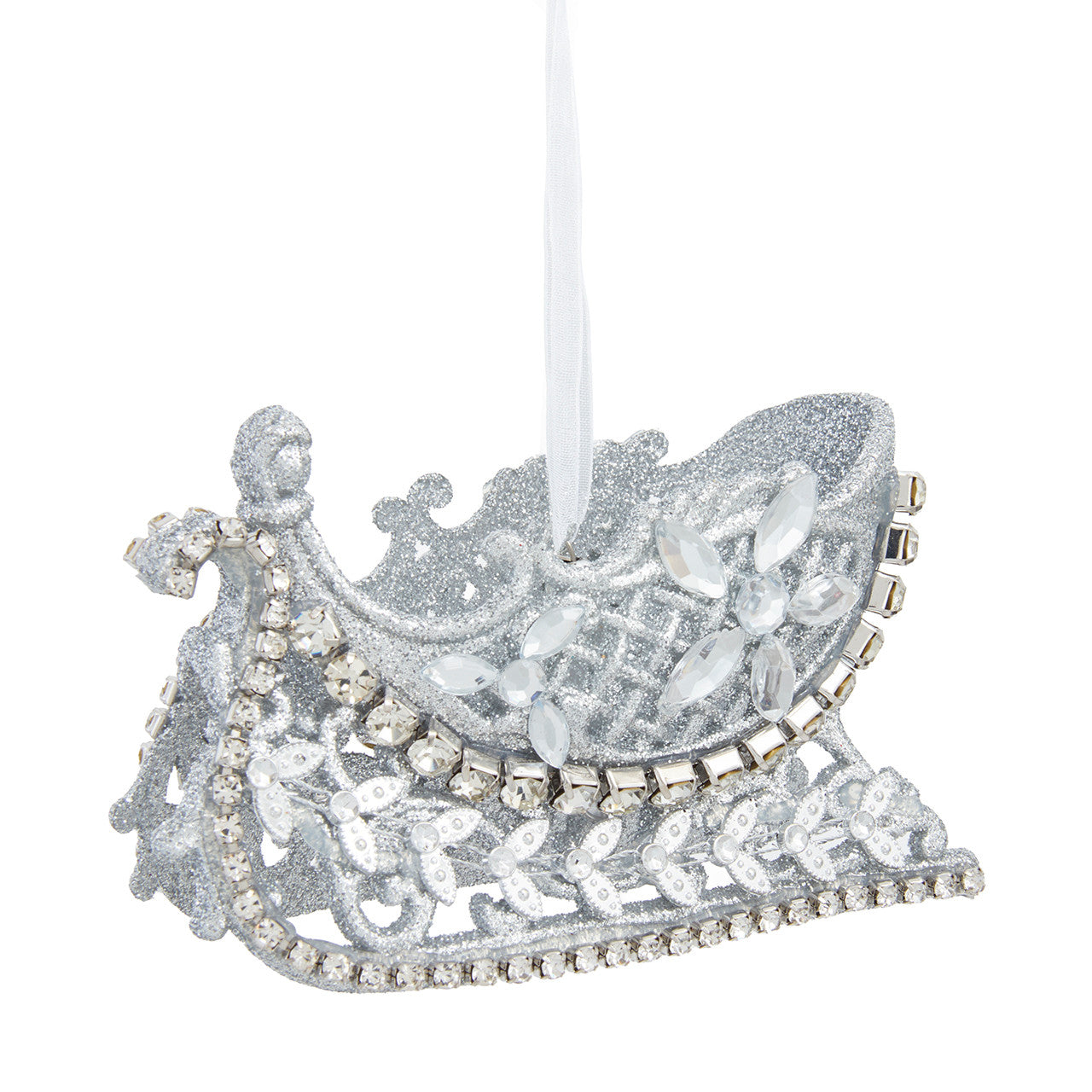 Glittered Silver Sleigh With Beads Ornament