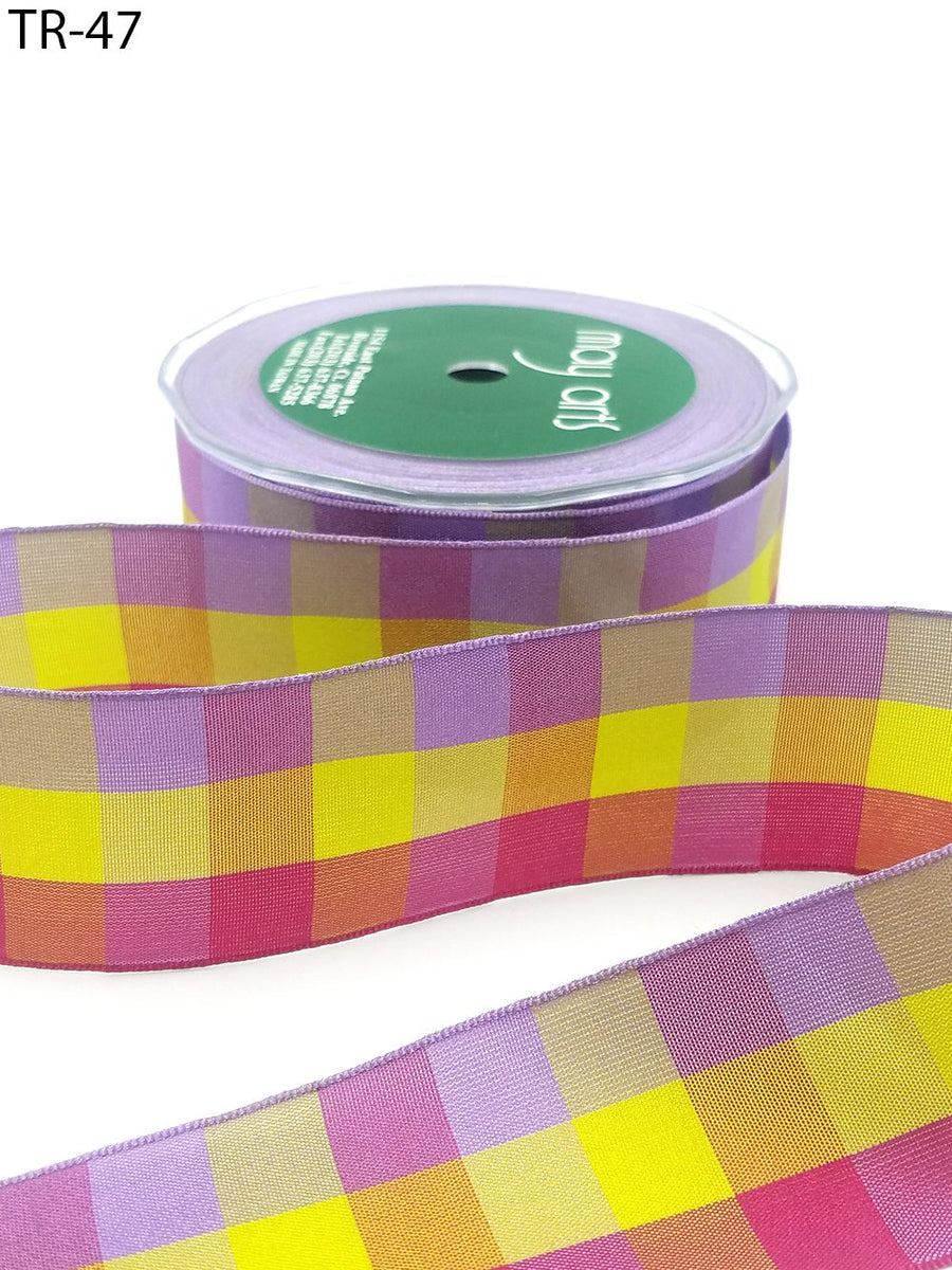 1.5 Inch Solid Plaid/Checkerboard Ribbon – TR47 – PURPLE/FUCHSIA/PARROT GREEN