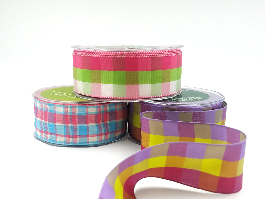 1.5 Inch Solid Plaid/Checkerboard Ribbon – TR22 – PINK/WHITE/PARROT GREEN