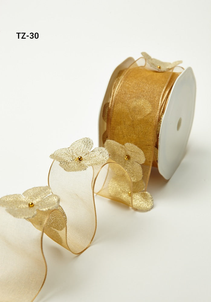 1.5 Inch Flower with Pearl Ribbon Garland – TZ-30 GOLD (8 Yards – $11.00)