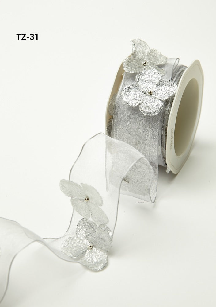 1.5 Inch Flower with Pearl Ribbon Garland – TZ-31 SILVER ($11.00)