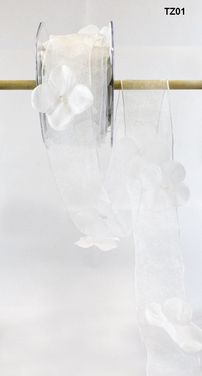 1.5 Inch Flower with Pearl Ribbon Garland – TZ-01 WHITE (8 Yards)