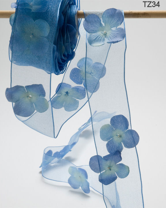 1.5 Inch Flower with Pearl Ribbon Garland – TZ-34 LIGHT BLUE (8 Yards)