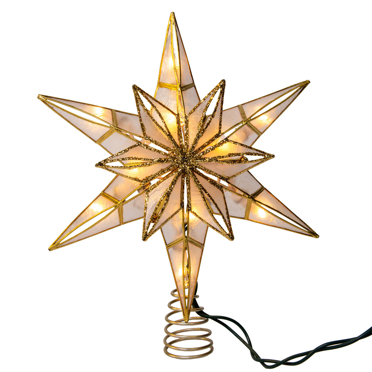 10.5" 10L 6-Point Gold Glittered Capiz Star Treetop