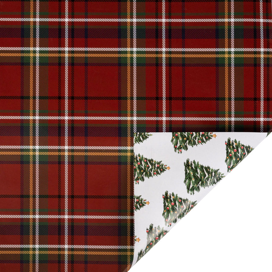 24" x 417' Holiday Reversible Wrapping Paper Half Ream | Traditional Tartan Plaid and Decorated Trees