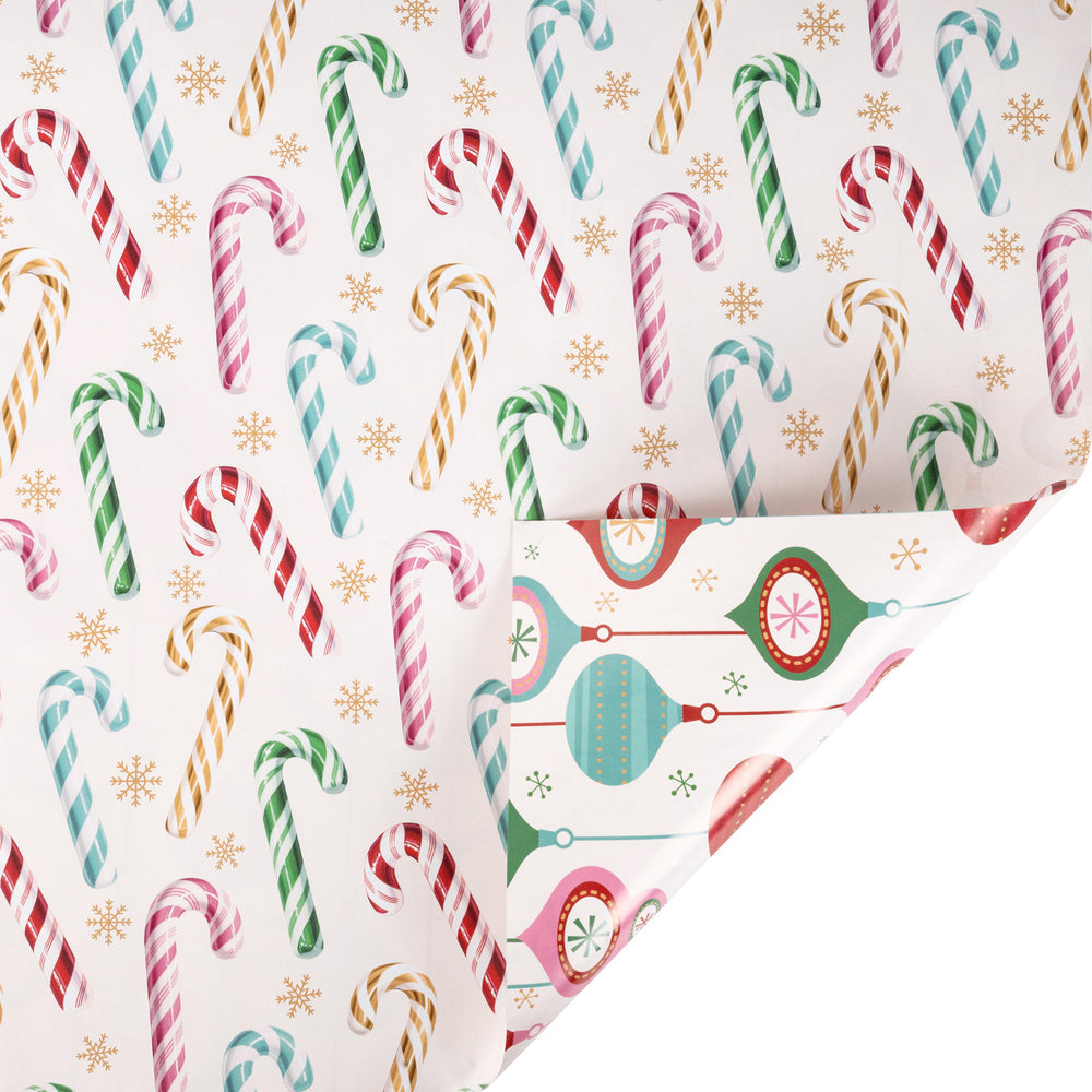 30" x 10' Holiday Reversible Wrapping Paper | Vintage Candy Canes and Starburst and Vintage Ornaments