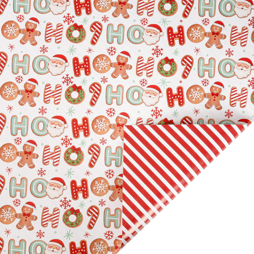30" x 10' Holiday Reversible Wrapping Paper | HO HO Treats and Red/White Diagonal Stripe