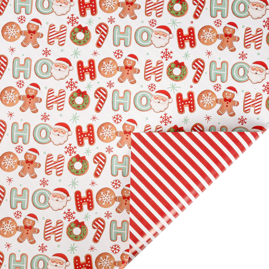 30" x 10' Holiday Reversible Wrapping Paper | HO HO Treats and Red/White Diagonal Stripe