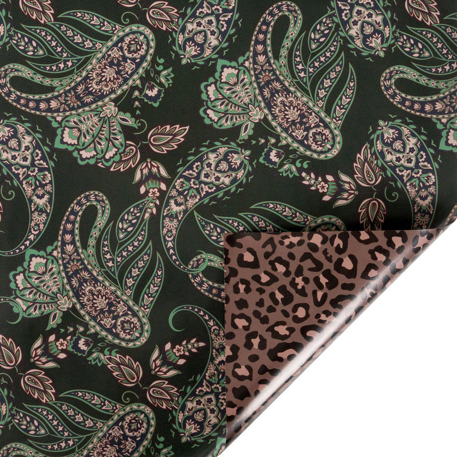 30" x 10' Holiday Reversible Wrapping Paper | Green Paisley and Animal Print