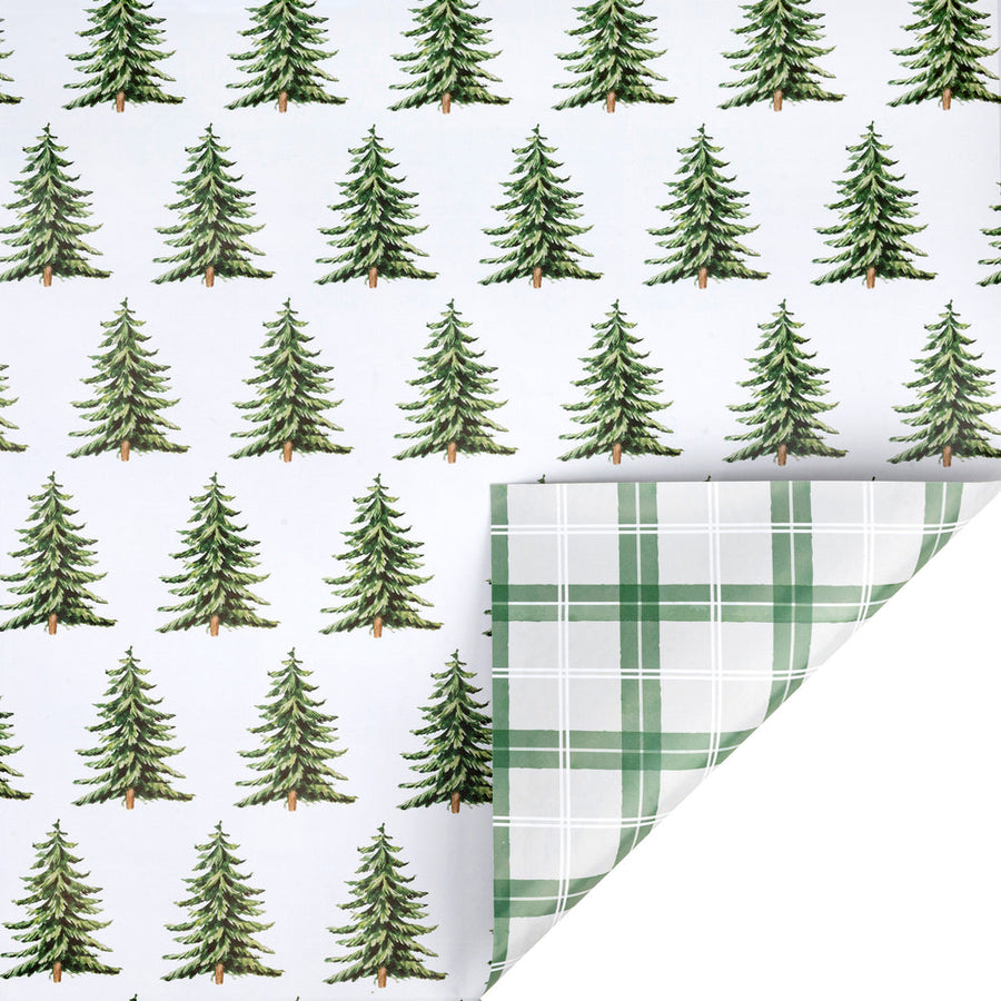 30" x 10' Holiday Reversible Wrapping Paper | All-over Trees and Green/White Plaid