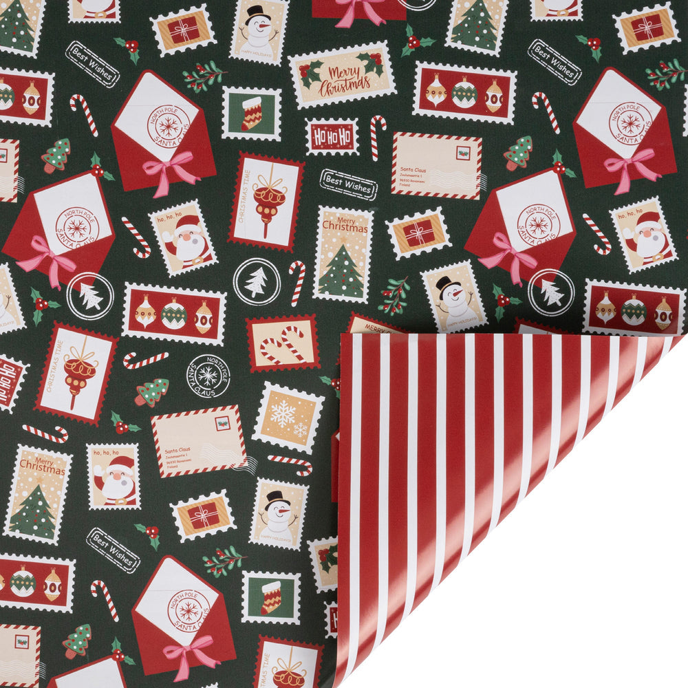 30" x 10' Holiday Reversible Wrapping Paper | Holiday Stamps and Red/White Stripes