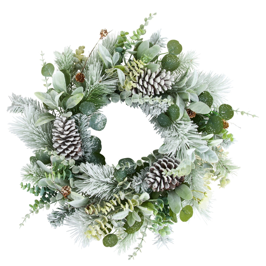 26" Frosted Mixed Greenery and Pinecone Wreath