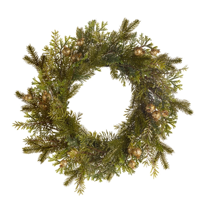 22" Gold Glitter Mixed Greenery Wreath with Pods