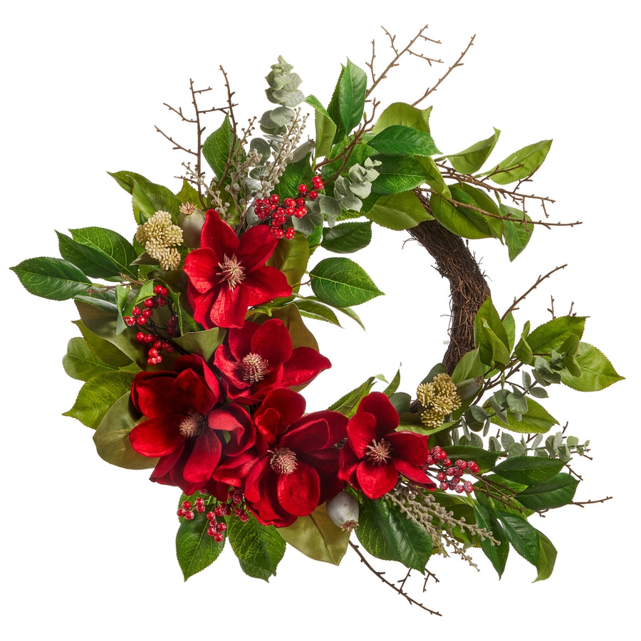 24" Asymmetrical Red Magnolia Wreath