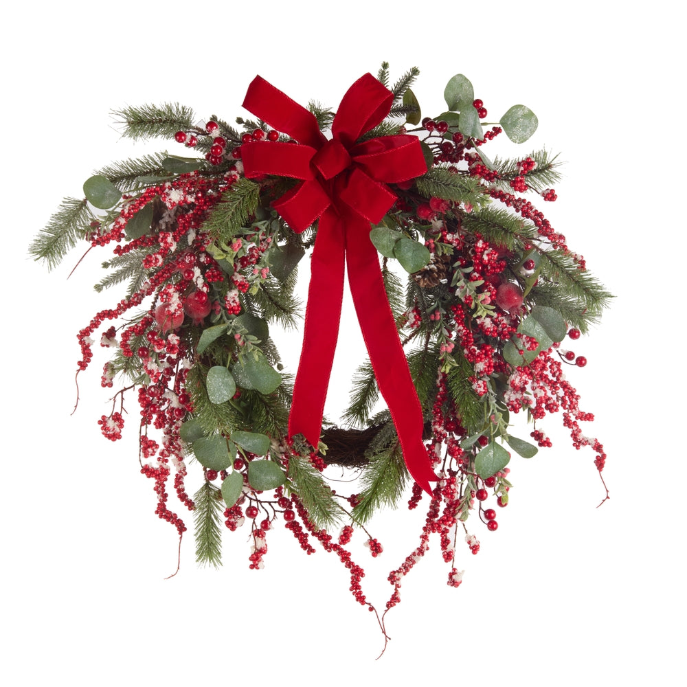 28" Iced Red Berry and Bow Wreath