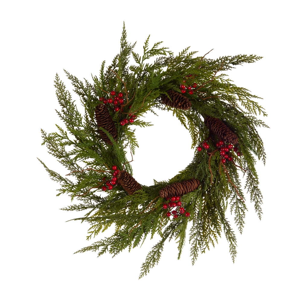 22" Mixed Cedar with Red Berry Wreath