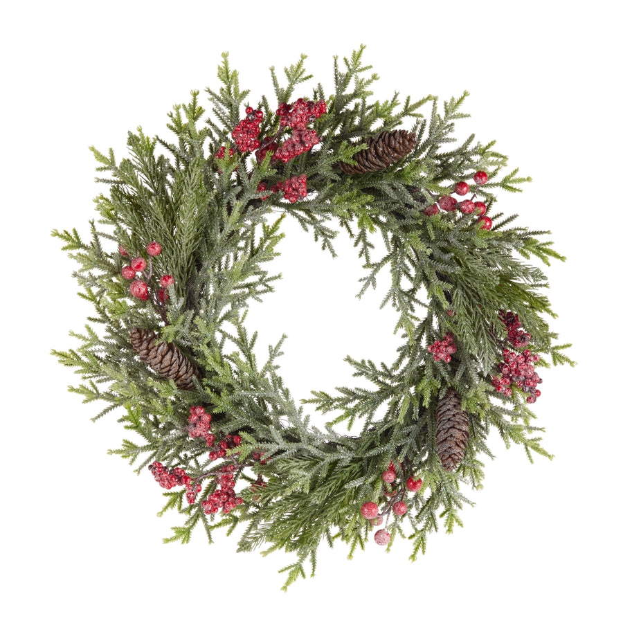 20" Iced Red Berry and Cedar Wreath
