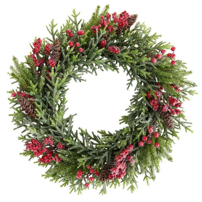 24" Iced Red Berry and Cedar Wreath