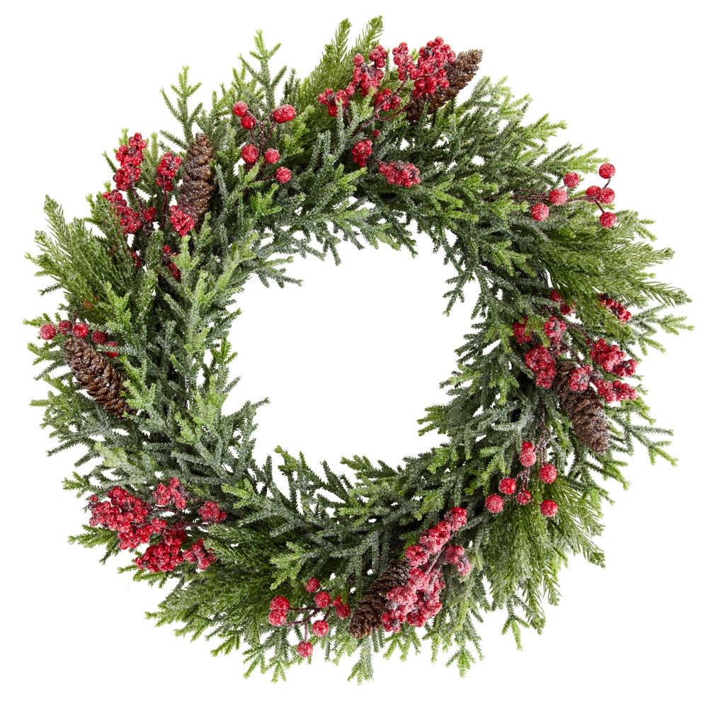 24" Iced Red Berry and Cedar Wreath