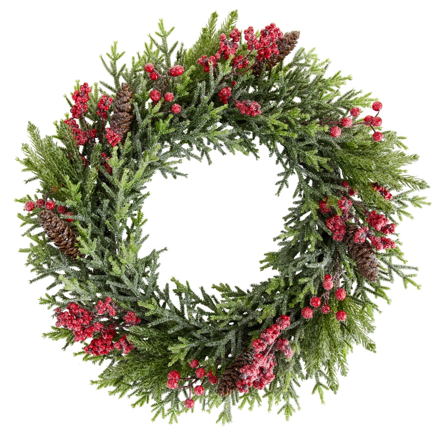 24" Iced Red Berry and Cedar Wreath