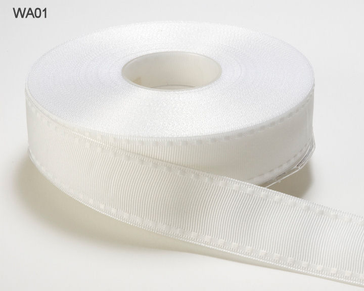 1 Inch Grosgrain Ribbon with Woven Stitched Edge – WA01 – WHITE/WHITE EDGE