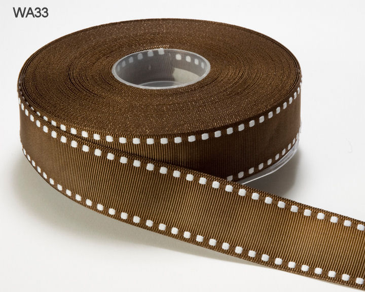 1 Inch Grosgrain Ribbon with Woven Stitched Edge – WA33 – BROWN/WHITE EDGE