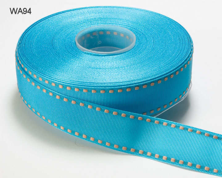 1 Inch Grosgrain Ribbon with Woven Stitched Edge – WA94 – TURQUOISE/ANTIQUE GOLD EDGE