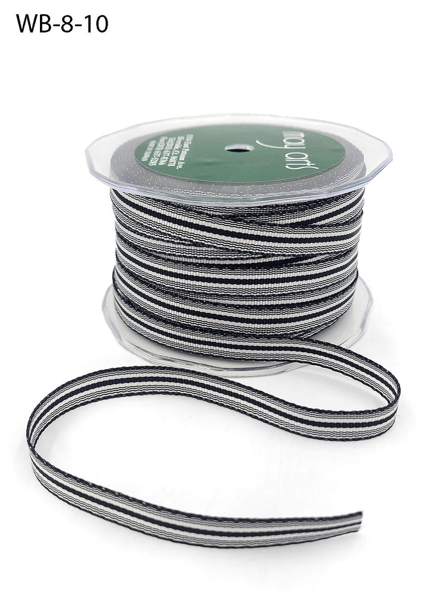 3/8 Inch Ticking Striped Ribbon with Woven Edge – WB-8-10 BLACK/WHITE