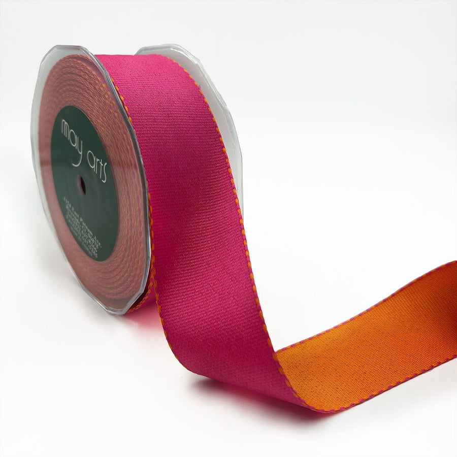 1.5 Inch Heavier-weight (Higher Thread Count) Two-Color Reversible Grosgrain Ribbon with Woven Edge – WH28 – ORANGE/PINK