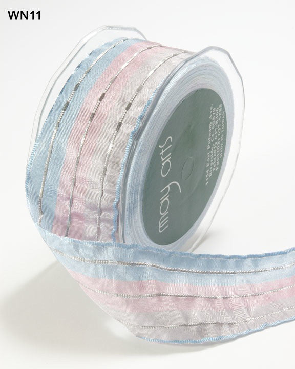 1.5 Inch Metallic Lines Solid Ribbon – WN11 – PINK/LIGHT BLUE/SILVER