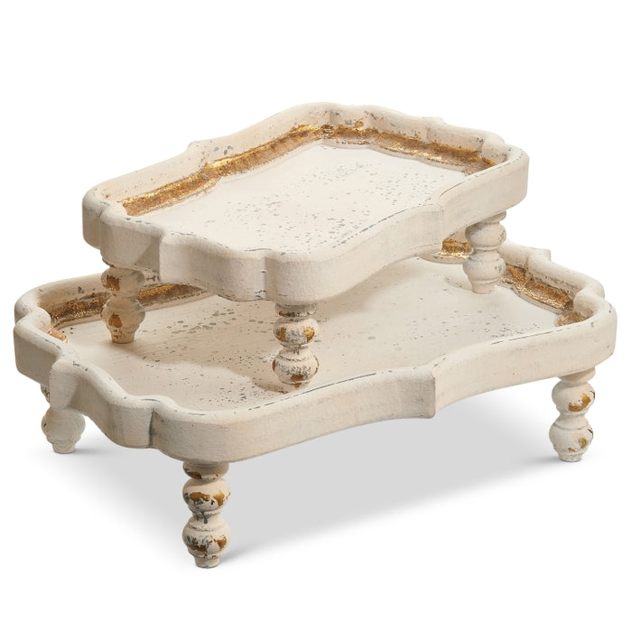 15" Distressed White Footed Trays